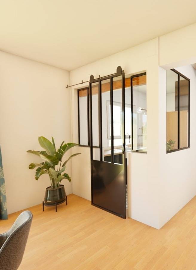 3D cuisine avec verrière et porte atelier coulissante dans maison Saint Germain en Laye 78100