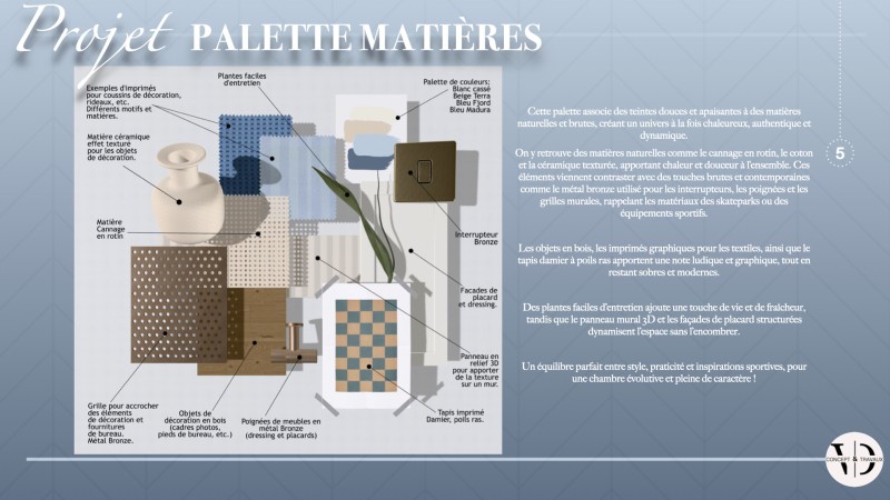 Palette matières et couleurs pour decoration interieure chambre adolescent à versailles