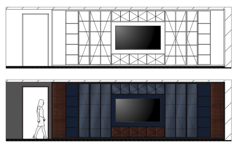 Dessins techniques du projet meuble TV sur mesure – Paris 16e