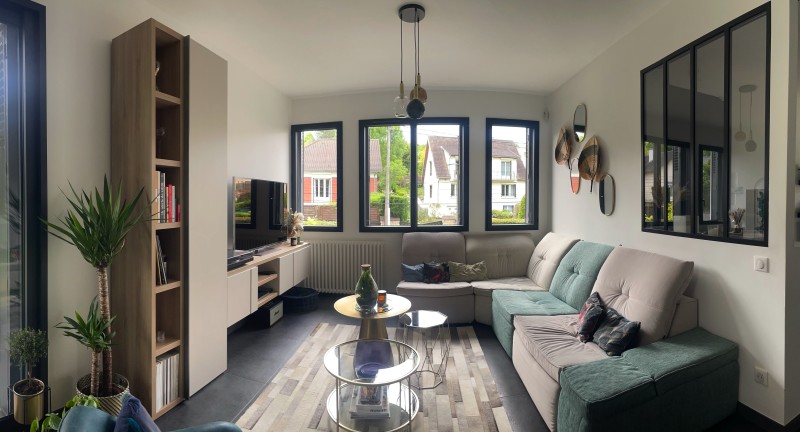 salon et meuble tv dans maison renovation totale st germain 78100