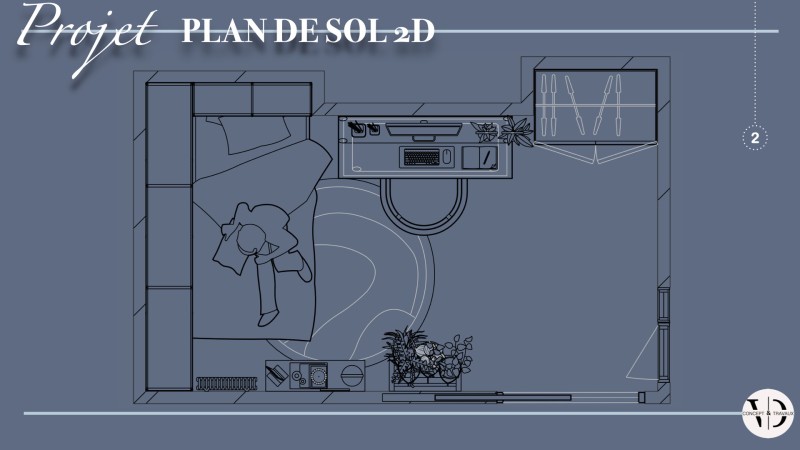 PLan 2D aménagement intérieur sur mesure chambre adolescent à versailles 