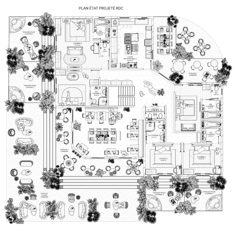 plan 2D implantation état projeté RDC hôtel chambres et restaurant