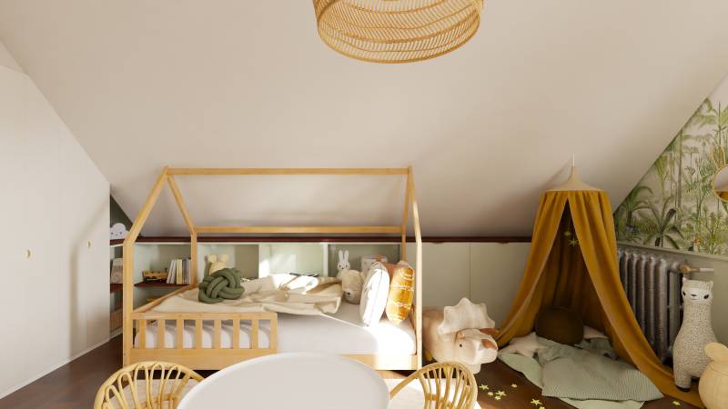 Coin nuit sous combles Lit cabane en bois clair et rangements intégrés