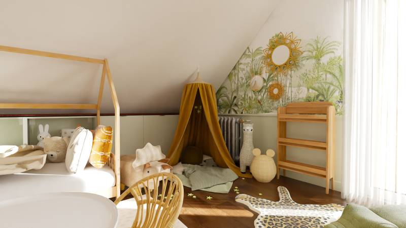 Espace lecture Ciel de lit ocre et étagères à hauteur d’enfant