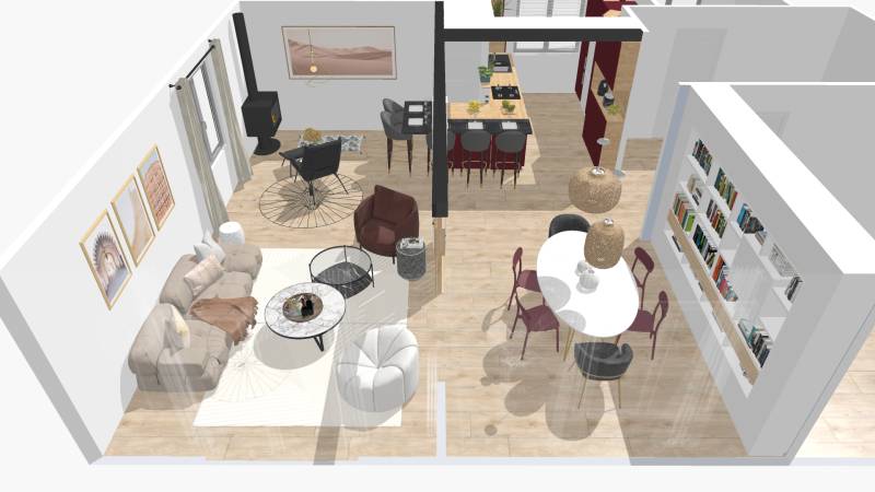 vue 3D d'un agencement et decoration interieure pièce de vie dans maison versailles dans les Yvelines 78000