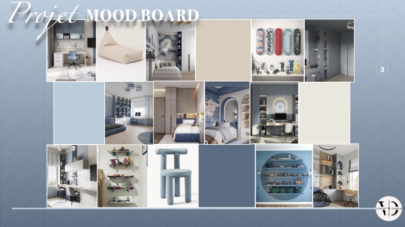 Mood board aménagement intérieur sur mesure chambre adolescent à versailles 