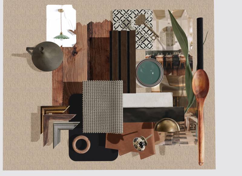 moodboard matériaux rustique et traditionnel bar à vins neuilly sur seine 92200