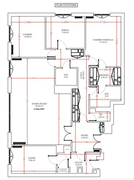 renovation d'un appartement de 110m2 plan 2D cotations versailles