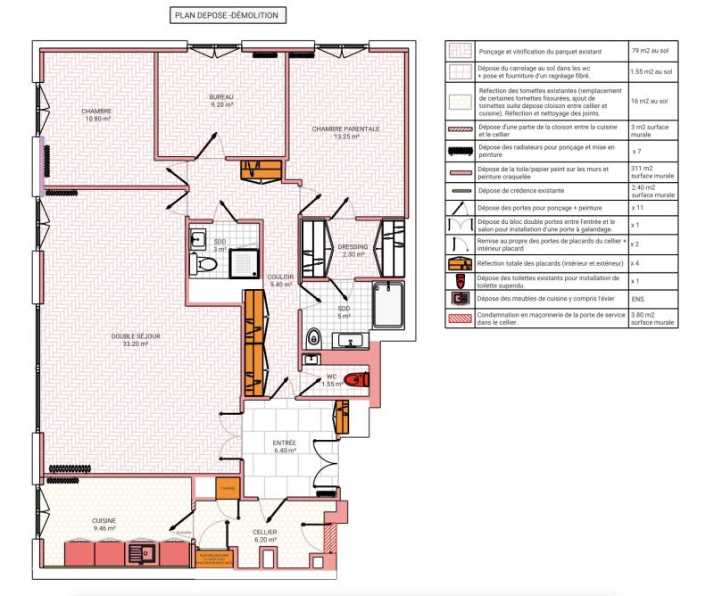 renovation d'un appartement de 110m2 plan 2D dépose démolition versailles