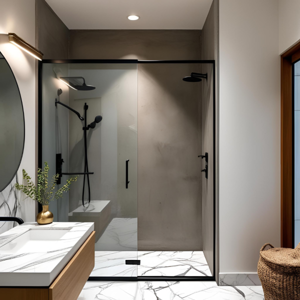 salle de bain rénovée dans appartement avec béton ciré et grès cérame effet marbre saint germain en laye